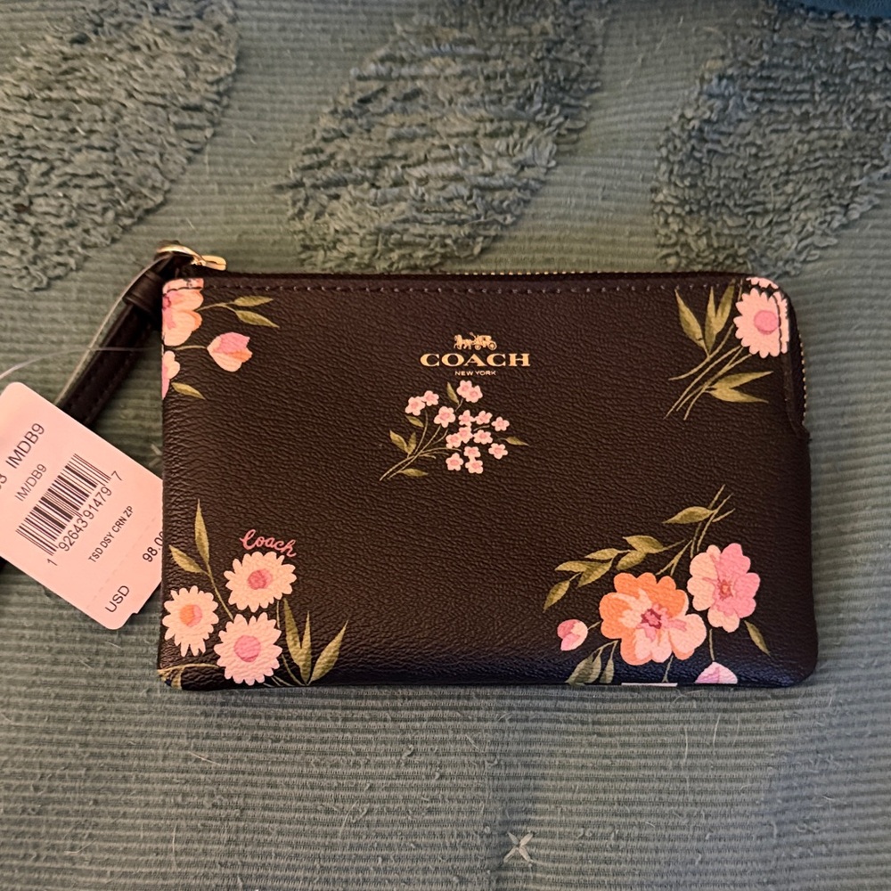 Coach Black Wristlet with Pink Floral Design